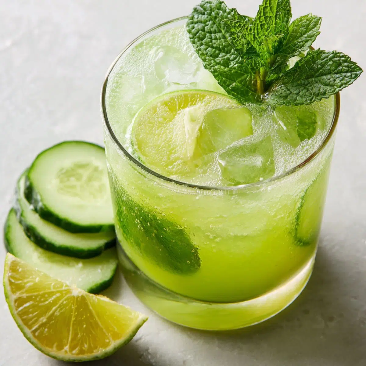 Glass of cucumber lime agua fresca with fresh ingredients on a white counter