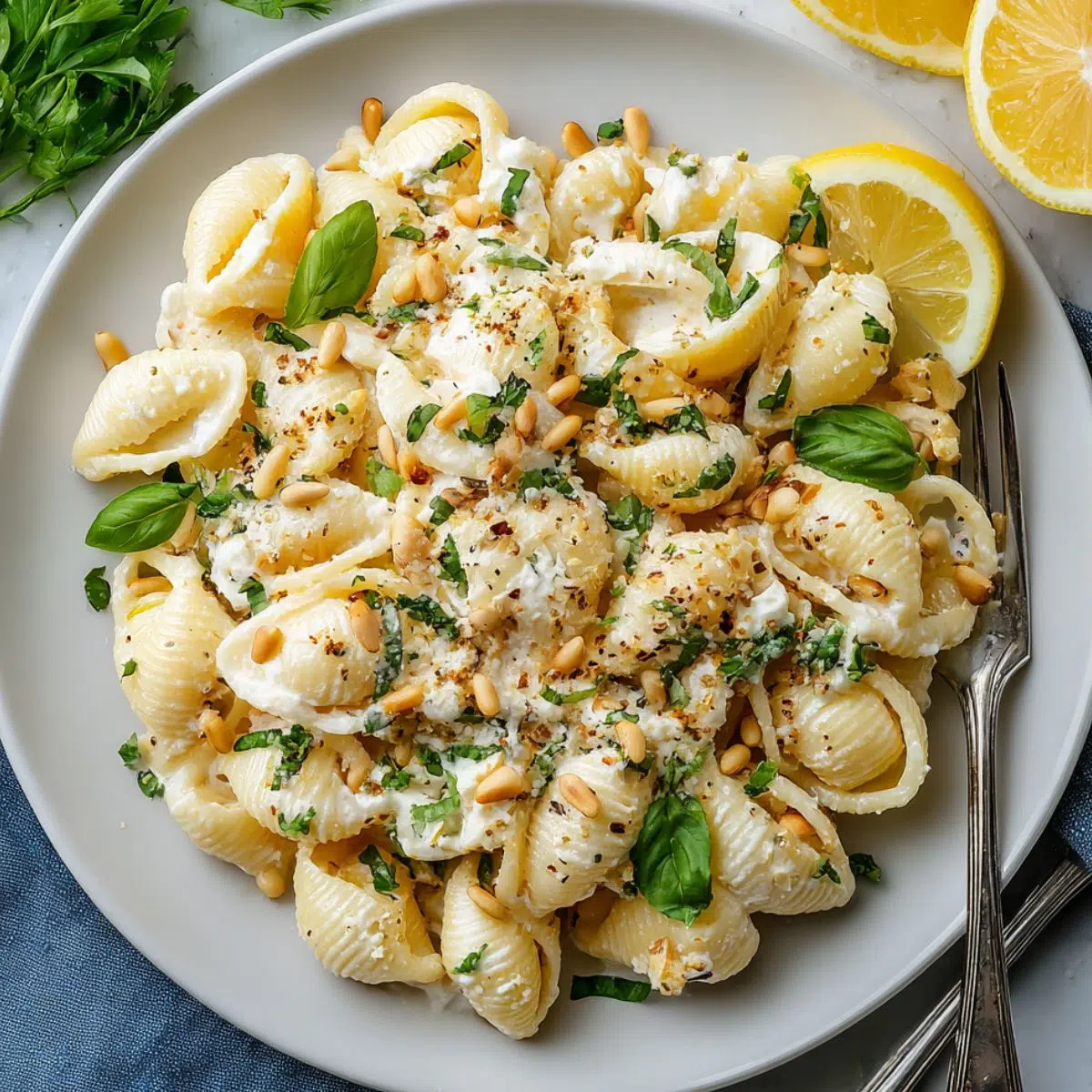 Homemade Creamy Lemon Feta Pasta in a white dinner plate on a kitchen counter