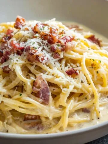 Bowl of homemade Roman pasta carbonara on a white kitchen counter.