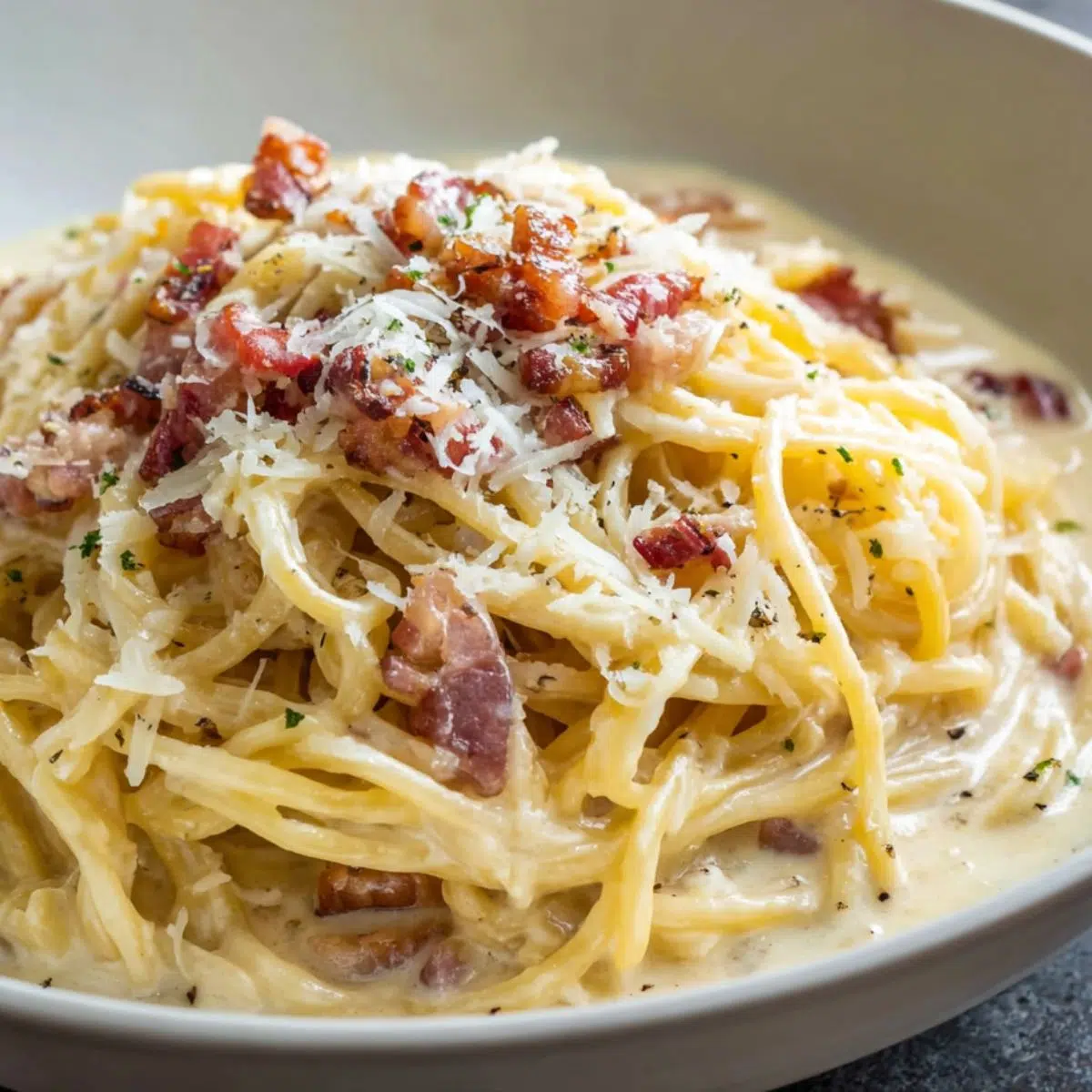 Bowl of homemade Roman pasta carbonara on a white kitchen counter.
