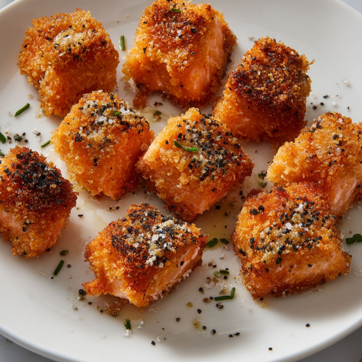  Air fryer crispy salmon bites on a white plate, golden and crunchy