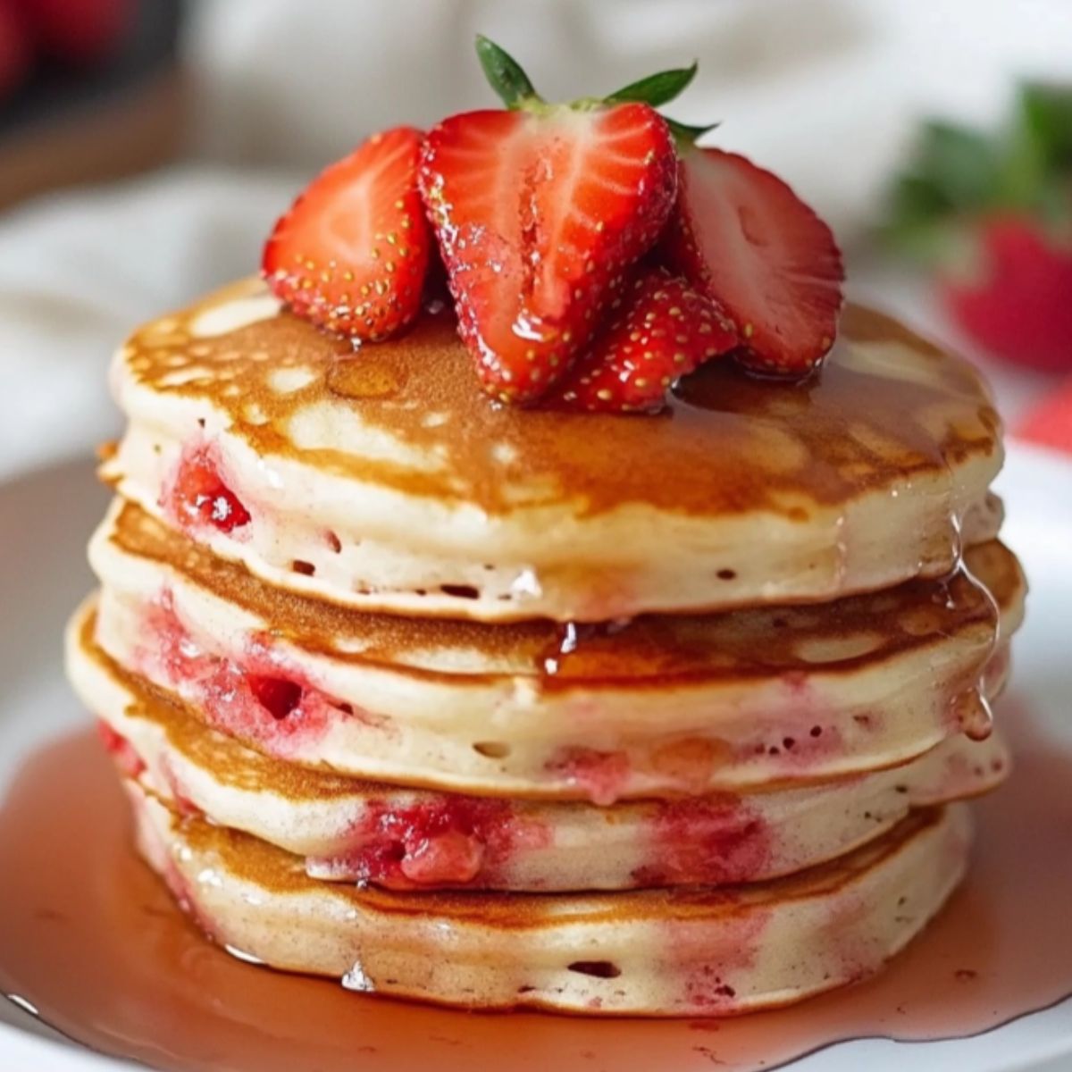 Stack of strawberry pancakes with fresh berries and syrup on a white kitchen counter