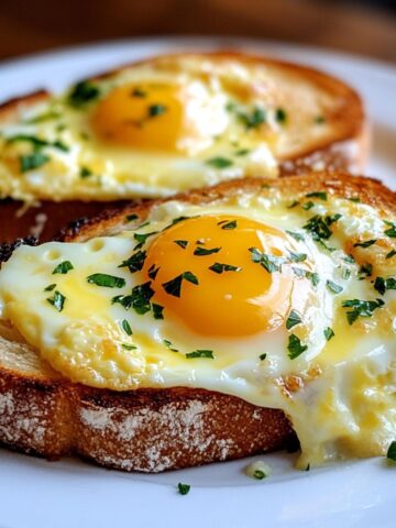 Cheesy egg toast with melted cheese and runny yolk on a white plate