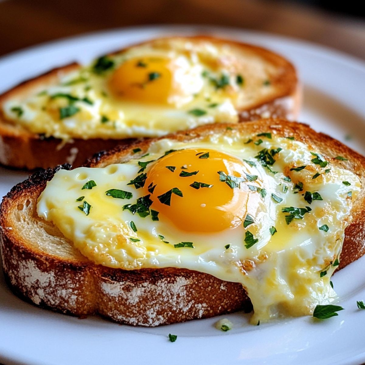 Cheesy egg toast with melted cheese and runny yolk on a white plate 
