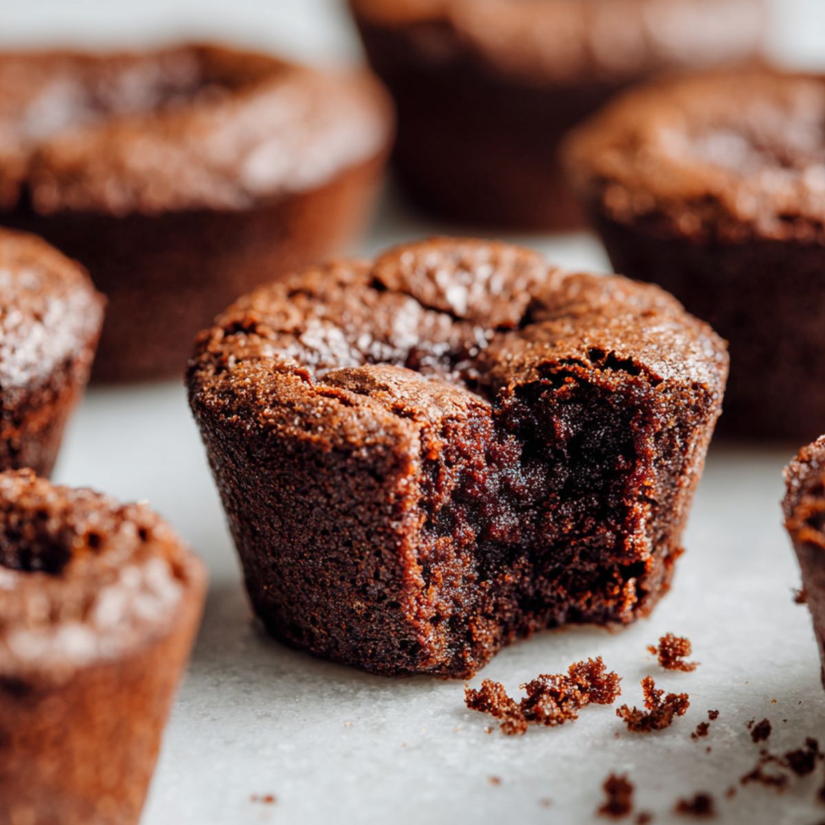 Homemade brownie bites on a white kitchen counter, 