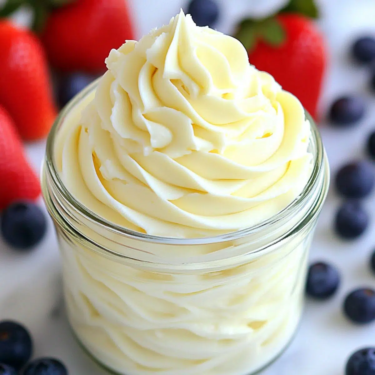 : A homemade bowl of cheesecake fluff topped with fresh strawberries on a white kitchen counter.