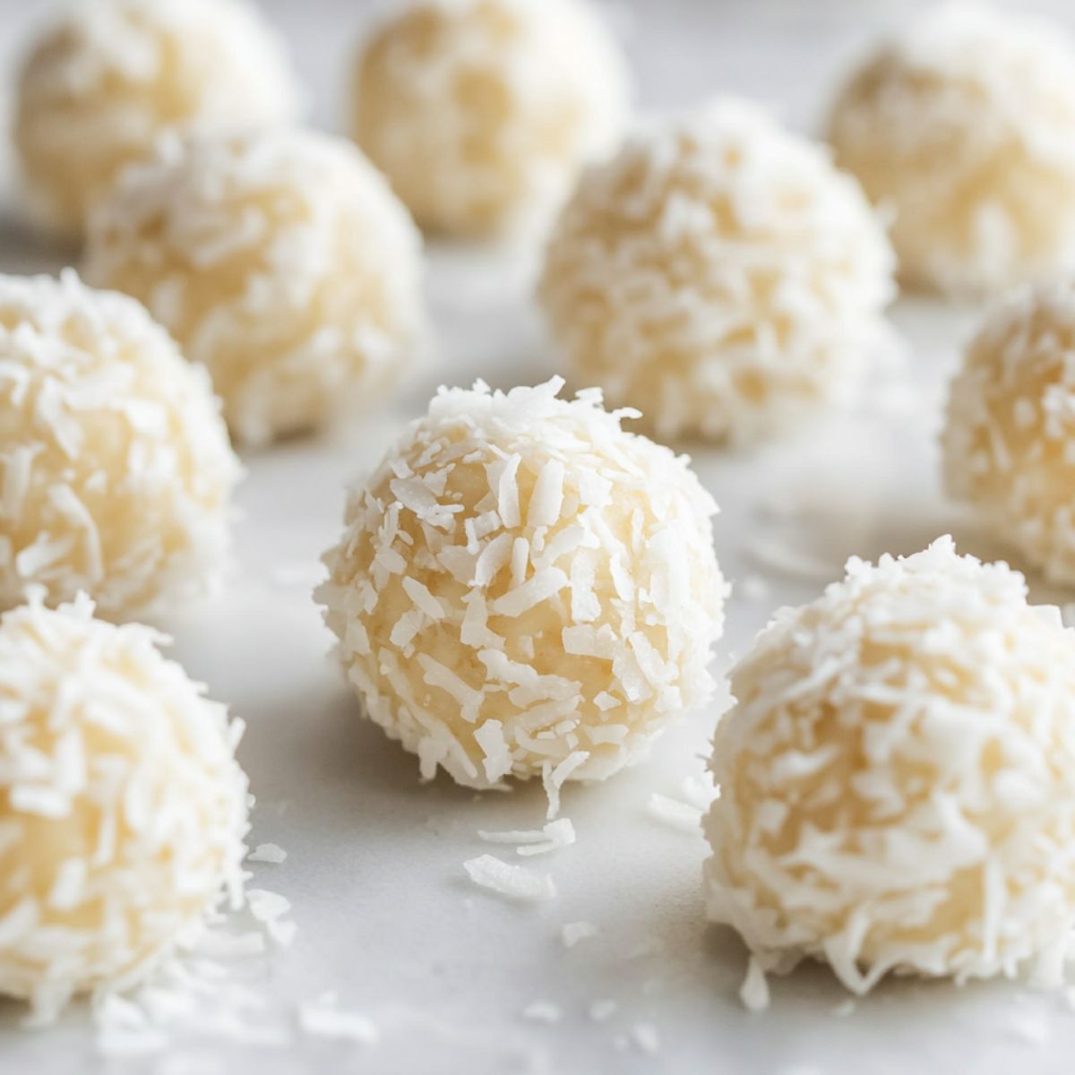 Homemade coconut balls rolled in coconut, on a white counter