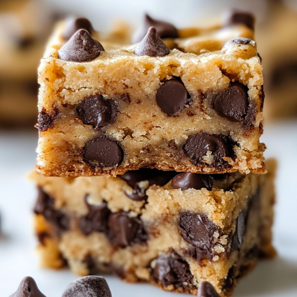 Overhead shot of cut cookie dough bars stacked on a counter