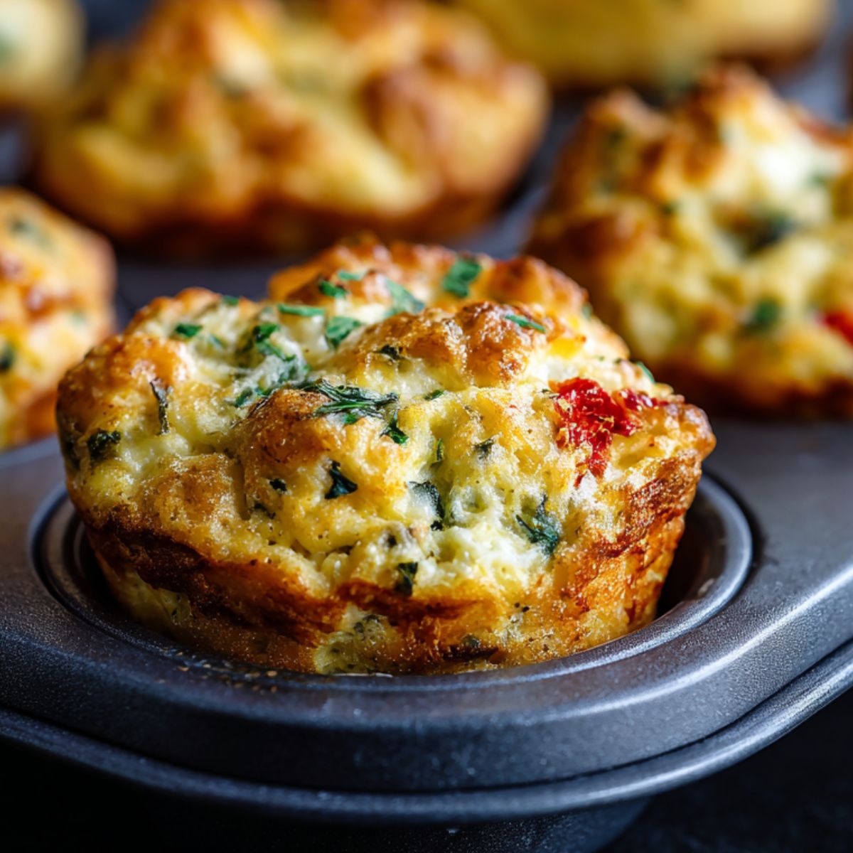 Freshly baked cottage cheese egg muffins cooling on a muffin tray on a white kitchen counter.