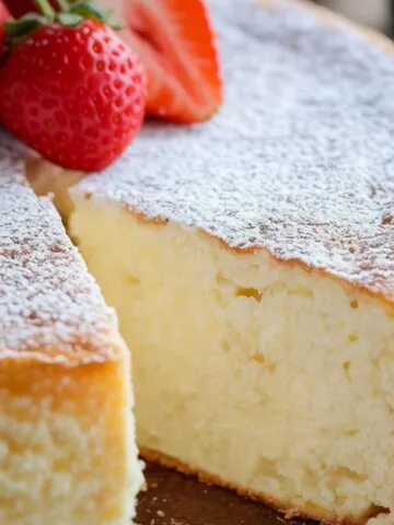 A homemade ceamy yogurt cake dusted with powdered sugar and topped with fresh strawberries .