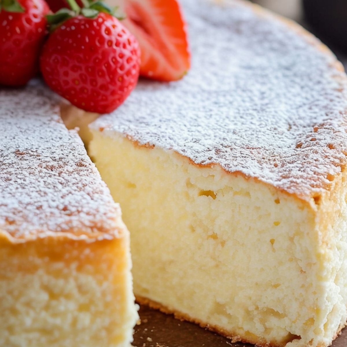 A homemade ceamy yogurt cake dusted with powdered sugar and topped with fresh strawberries .