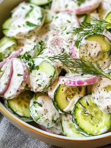 Overhead view of creamy cucumber salad with mayo in a bowl