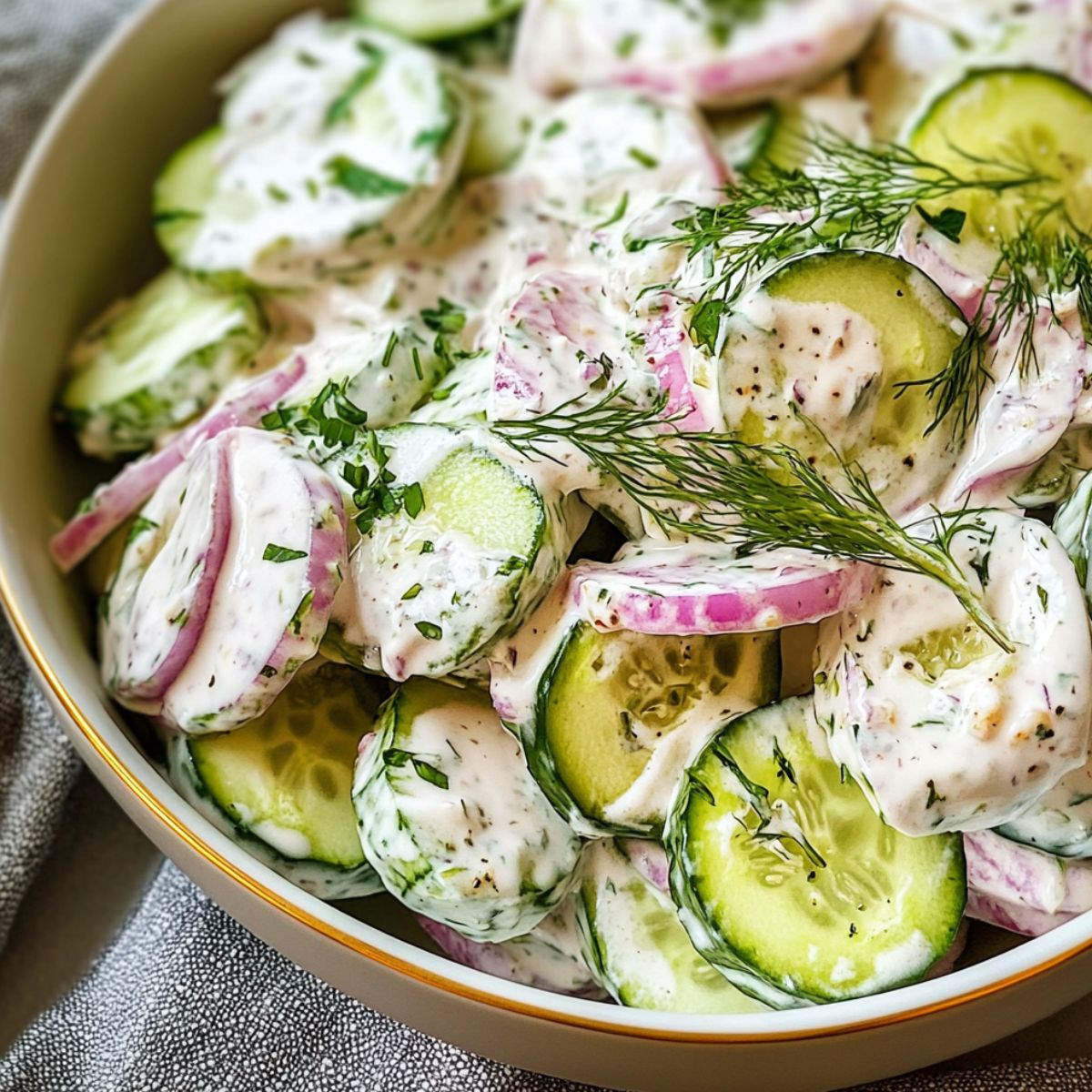 Overhead view of creamy cucumber salad with mayo in a bowl 