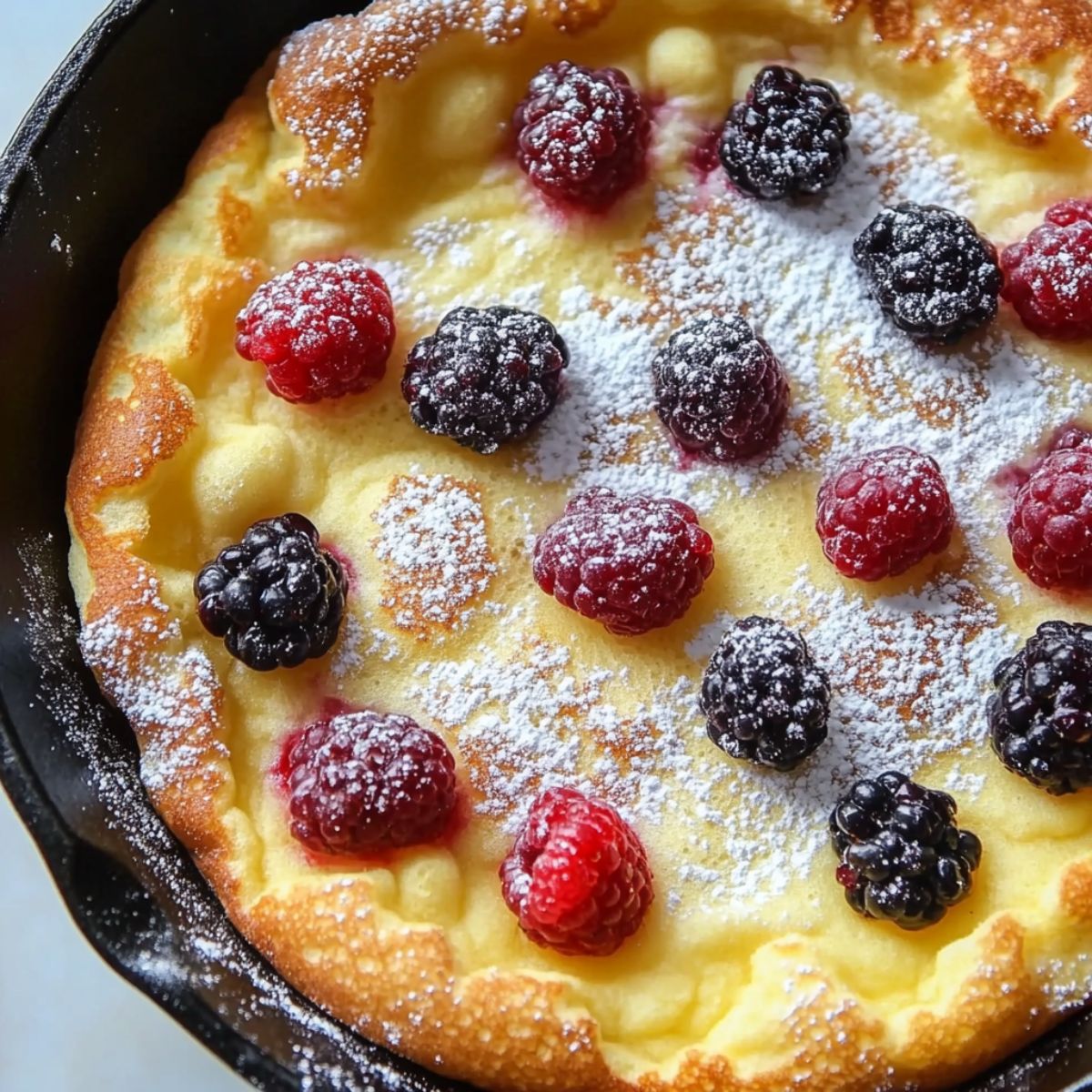 Overhead view of a freshly baked gluten free German pancake with powdered sugar and berries.