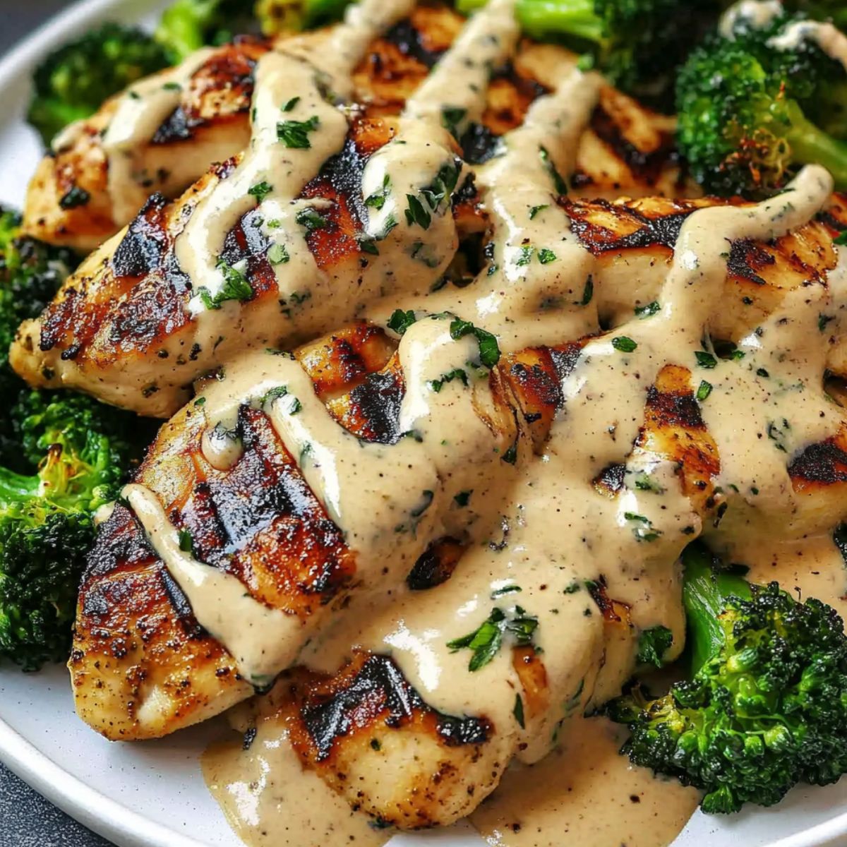 Grilled chicken and broccoli with creamy garlic sauce served on a plate.