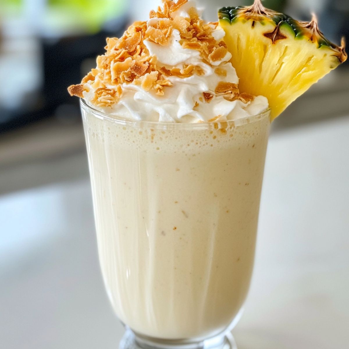  Homemade pina colada milkshake topped with whipped cream and garnishes