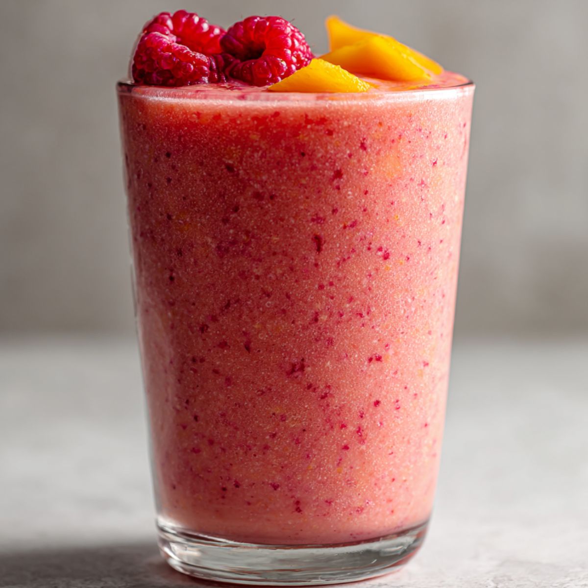 Homemade Raspberry Peach Smoothie in a glass with scattered fruit