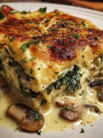 A hearty slice of creamy spinach and mushroom lasagna served on a plate