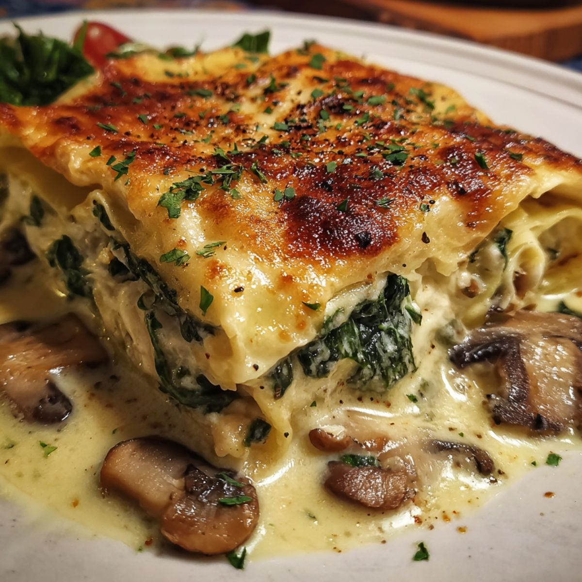 A hearty slice of creamy spinach and mushroom lasagna served on a plate