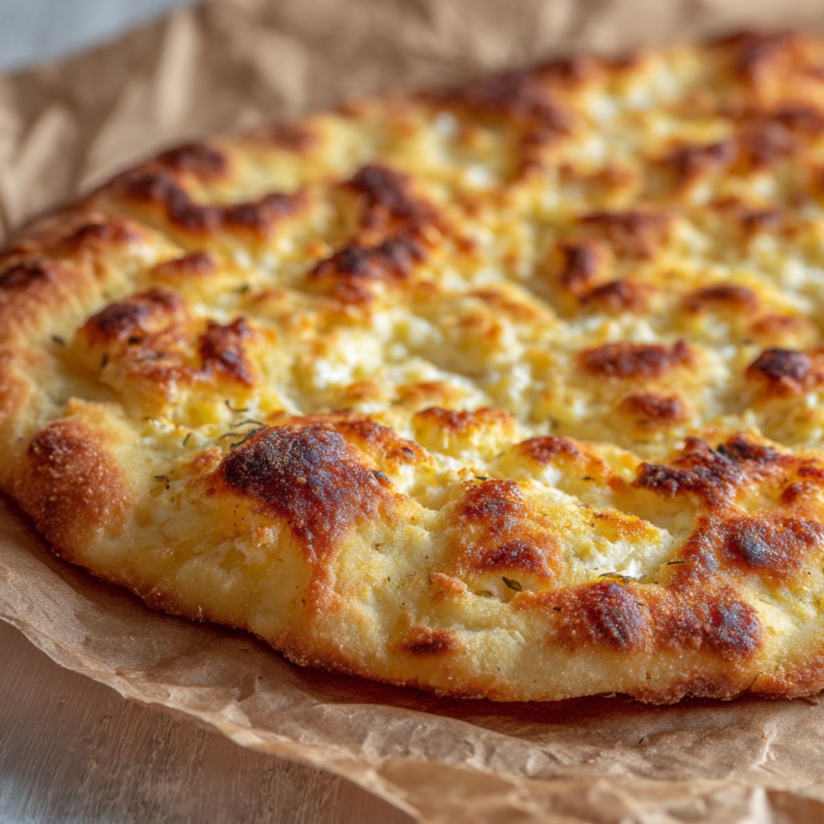 Golden brown cottage cheese flatbread cooling on parchment