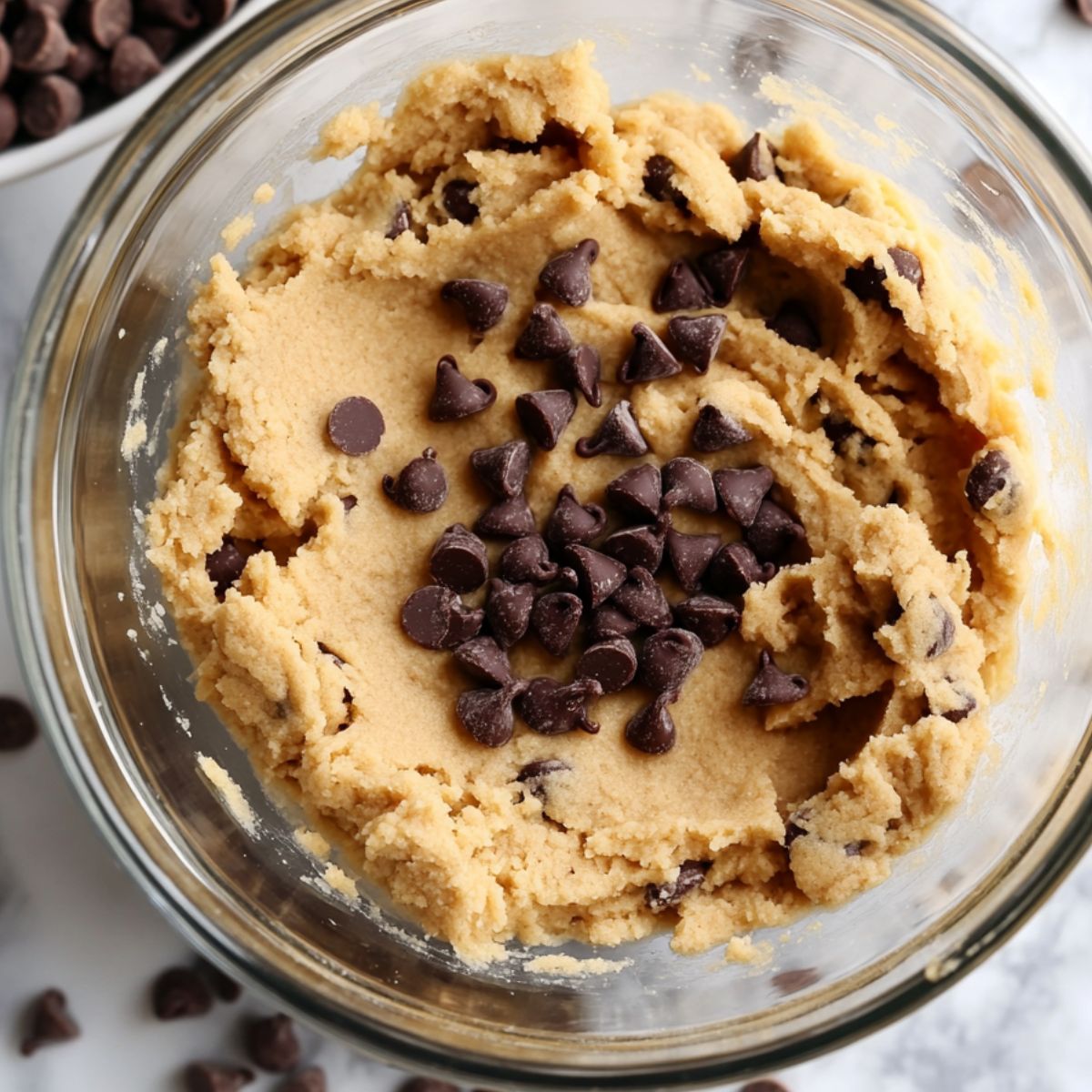  Cookie dough with chocolate chips being folded in a mixing bowl