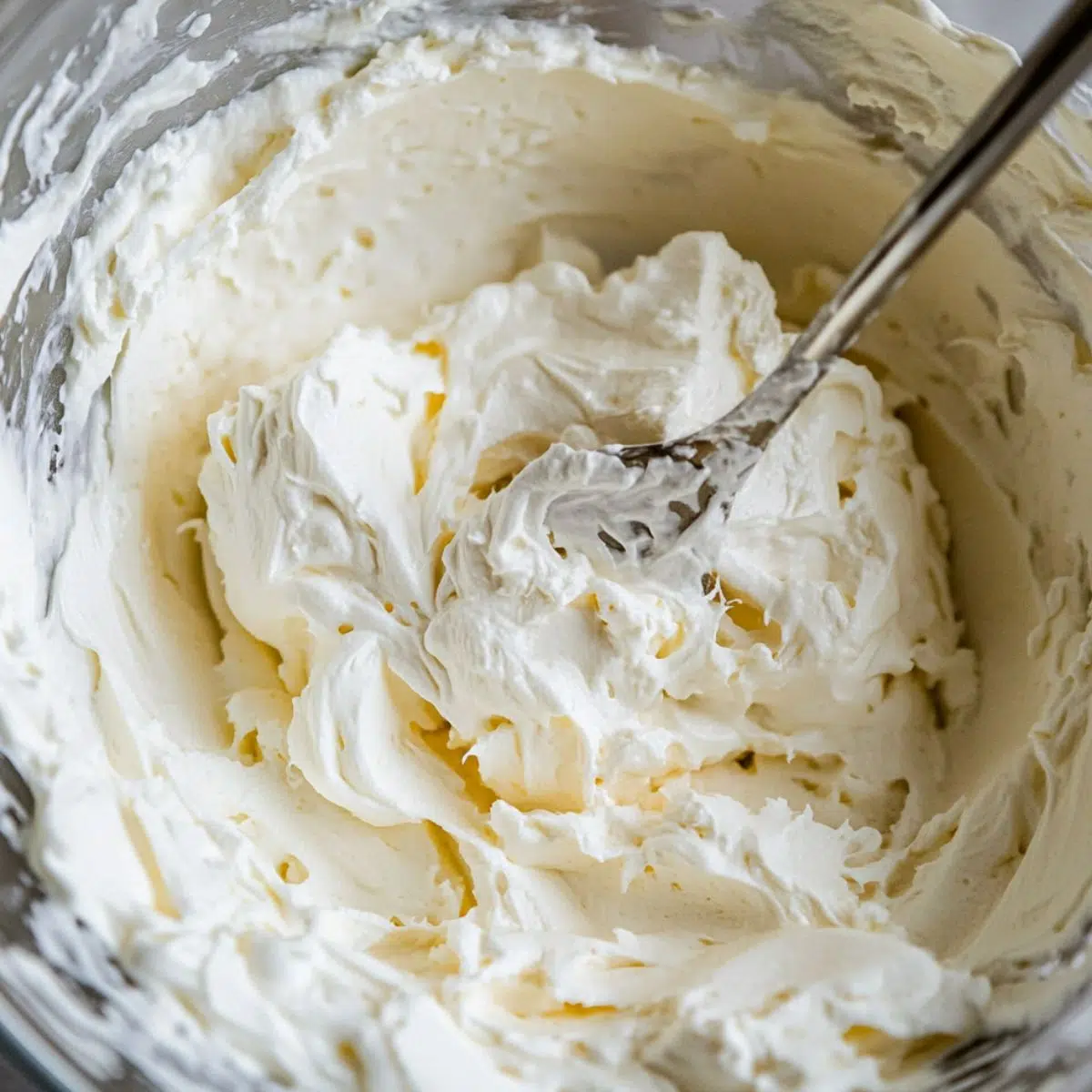  Mixing cream cheese and yogurt with dissolved gelatin in a bowl on a white counter.