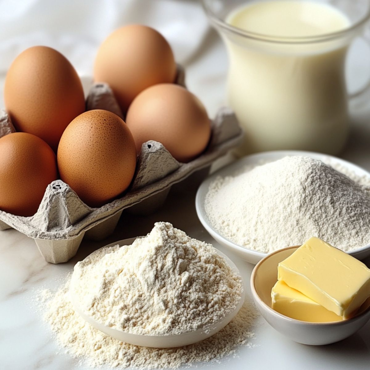  Top-down shot of ingredients for gluten free German pancakes on a white countertop.

