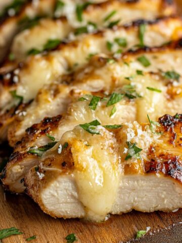 Garlic Parmesan Grilled Chicken with golden crust on cutting board.