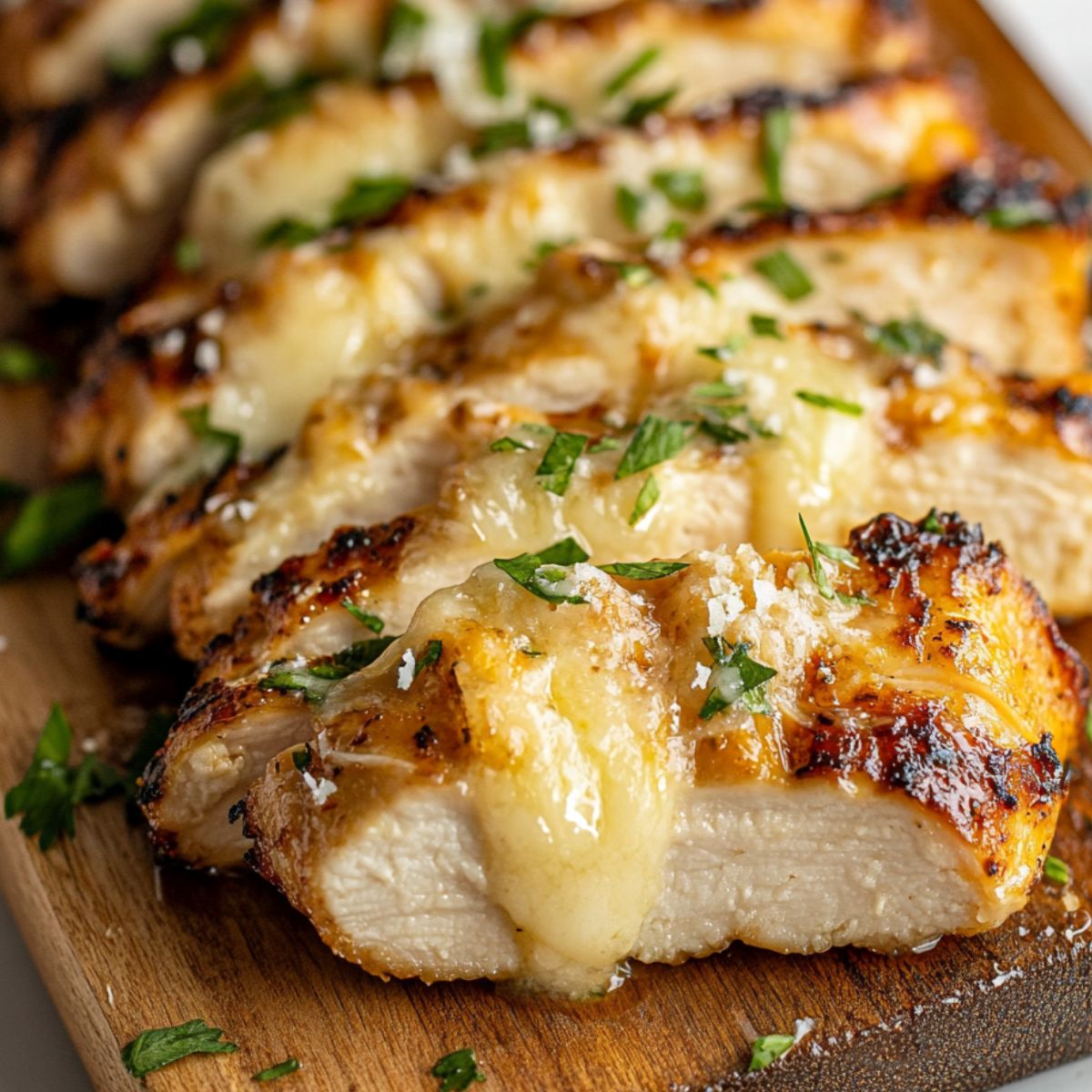Garlic Parmesan Grilled Chicken with golden crust on cutting board.
