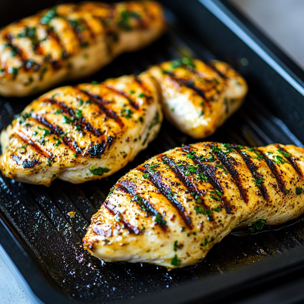  Grill marinated chicken until cooked through and juicy.