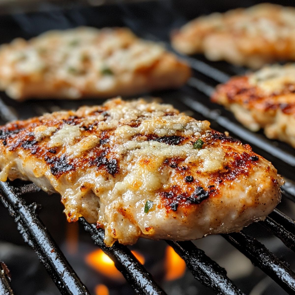 Chicken breasts grilling with Parmesan crust