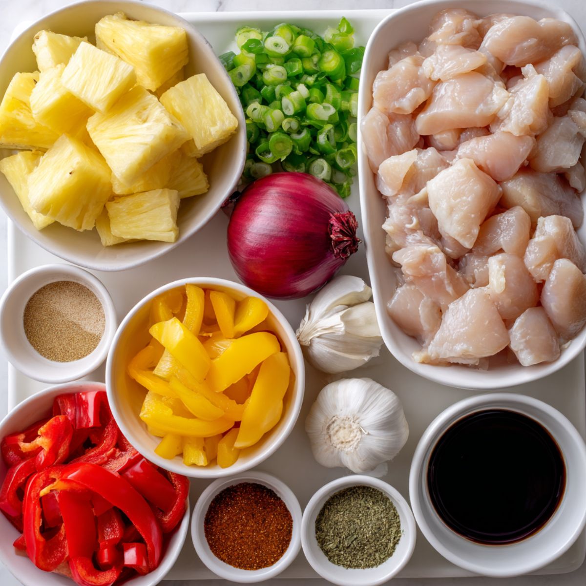 Flat lay of all ingredients needed for Sweet Hawaiian Crockpot Chicken.