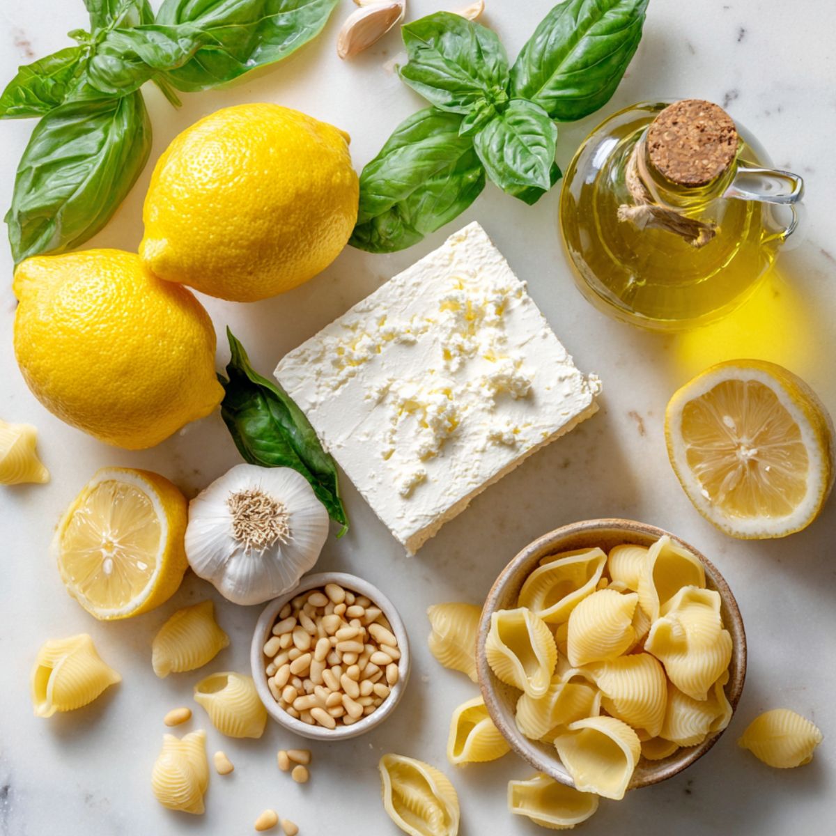 Ingredients laid out for making Creamy Lemon Feta Pasta