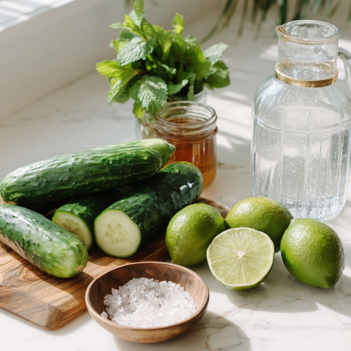Ingredients for making cucumber lime agua fresca laid out on a kitchen counter