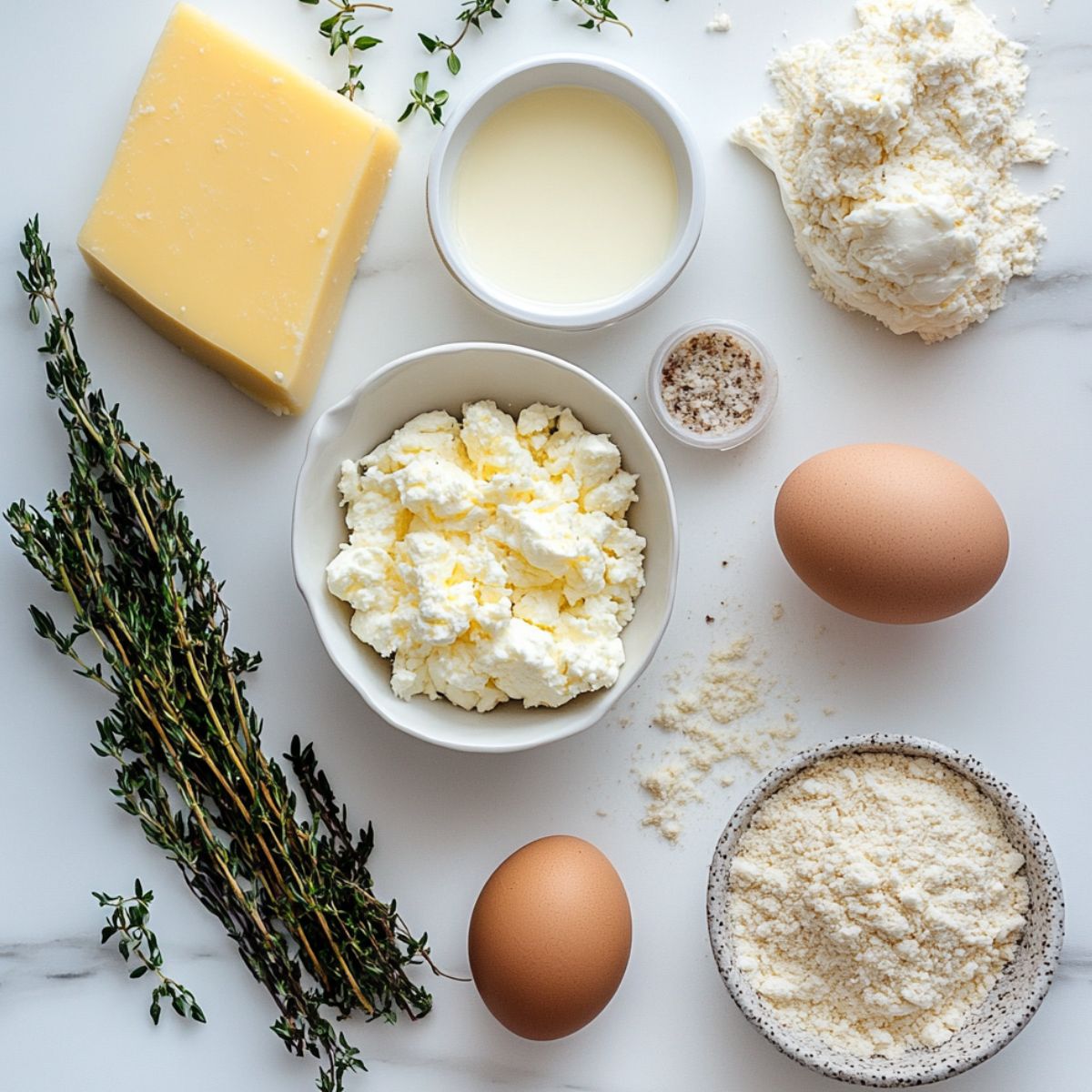 Flat lay of ingredients for keto cheesy breadsticks on a white countertop