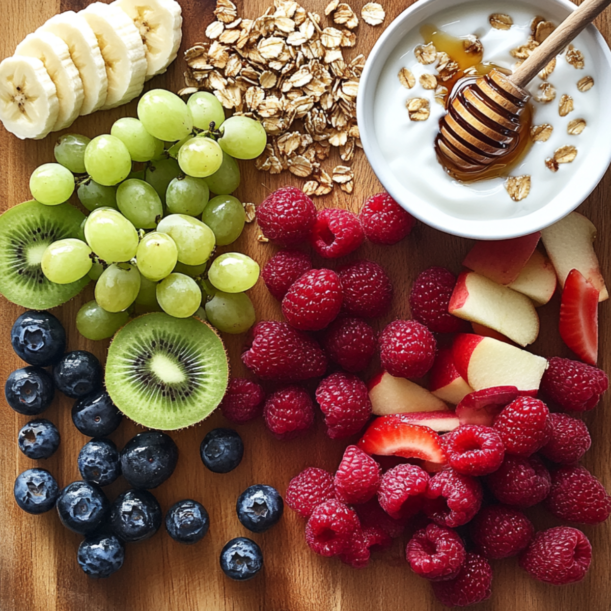 Ingredients for breakfast fruit salad with yogurt laid out on kitchen counter
