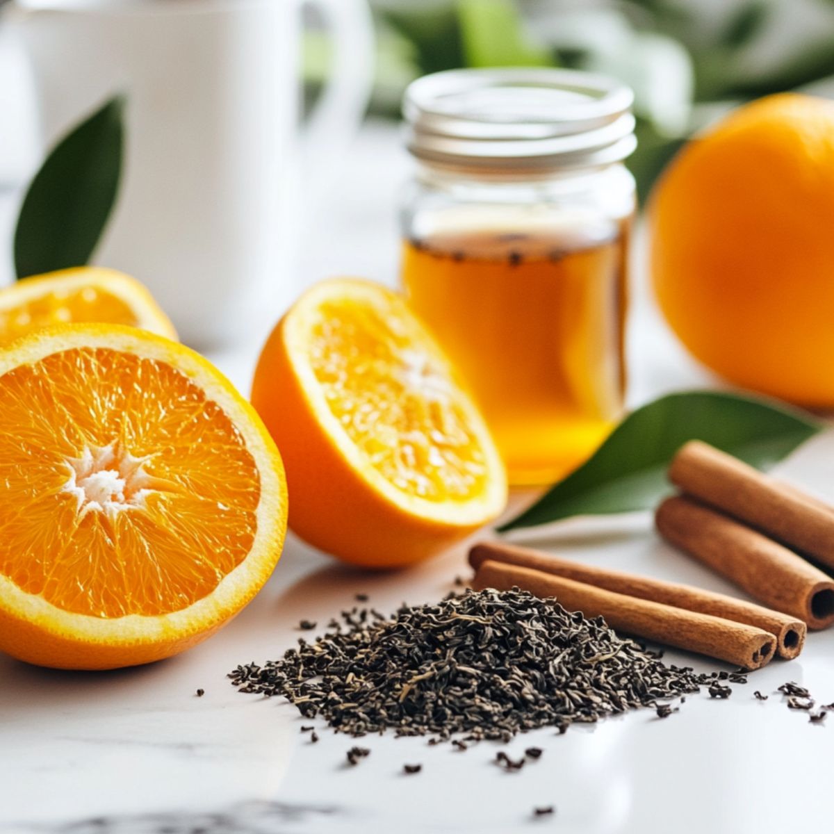Homemade ingredients laid out for orange cinnamon iced tea recipe