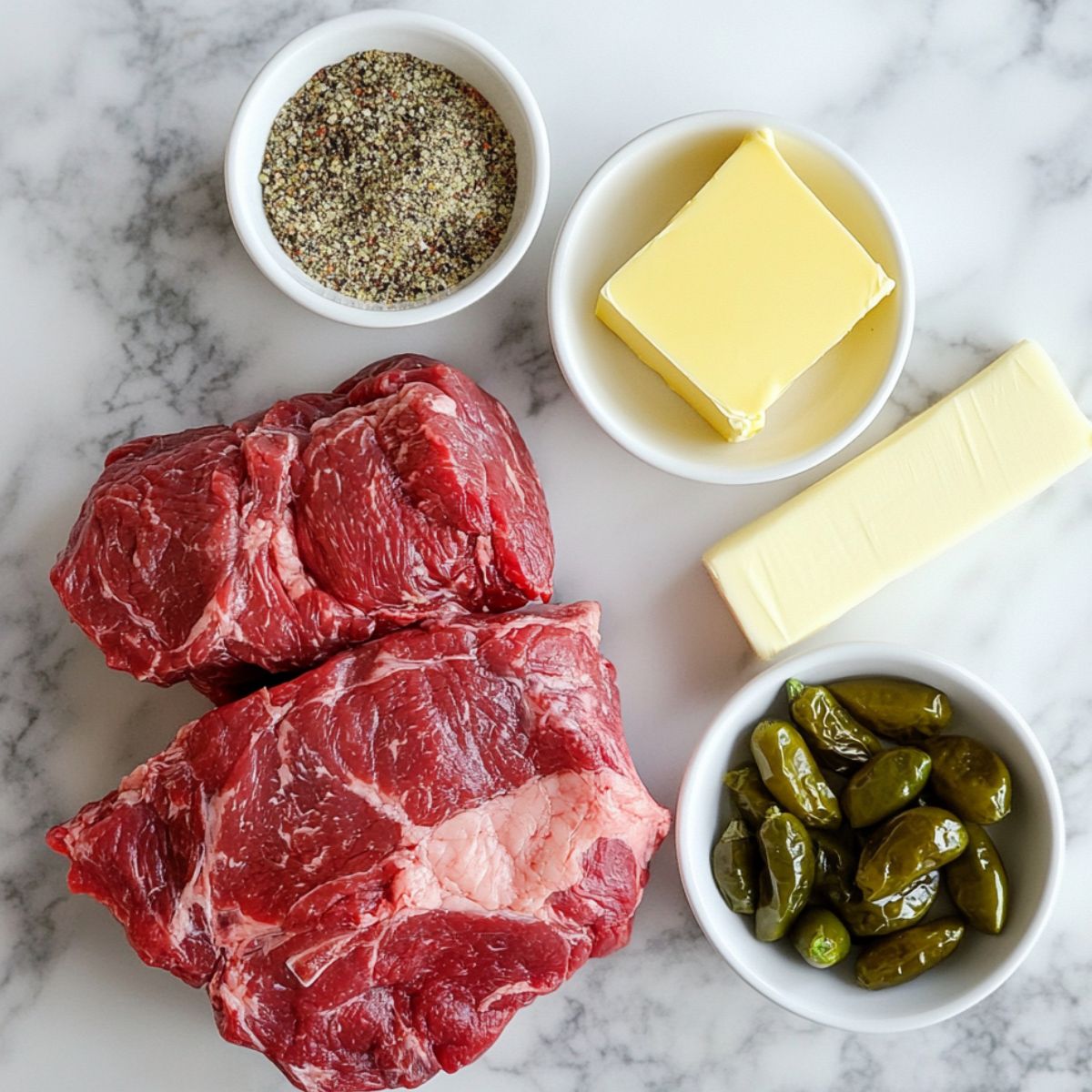  Ingredients for Mississippi roast Instant Pot laid out on a white counter