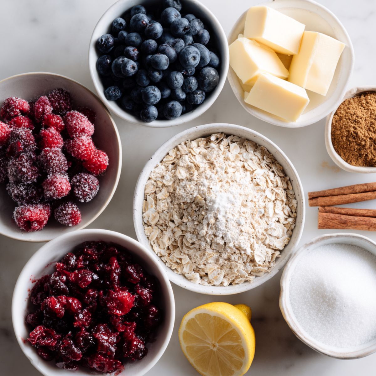 Frozen berries, oats, sugar, flour, butter, and spices laid out for making berry crisp