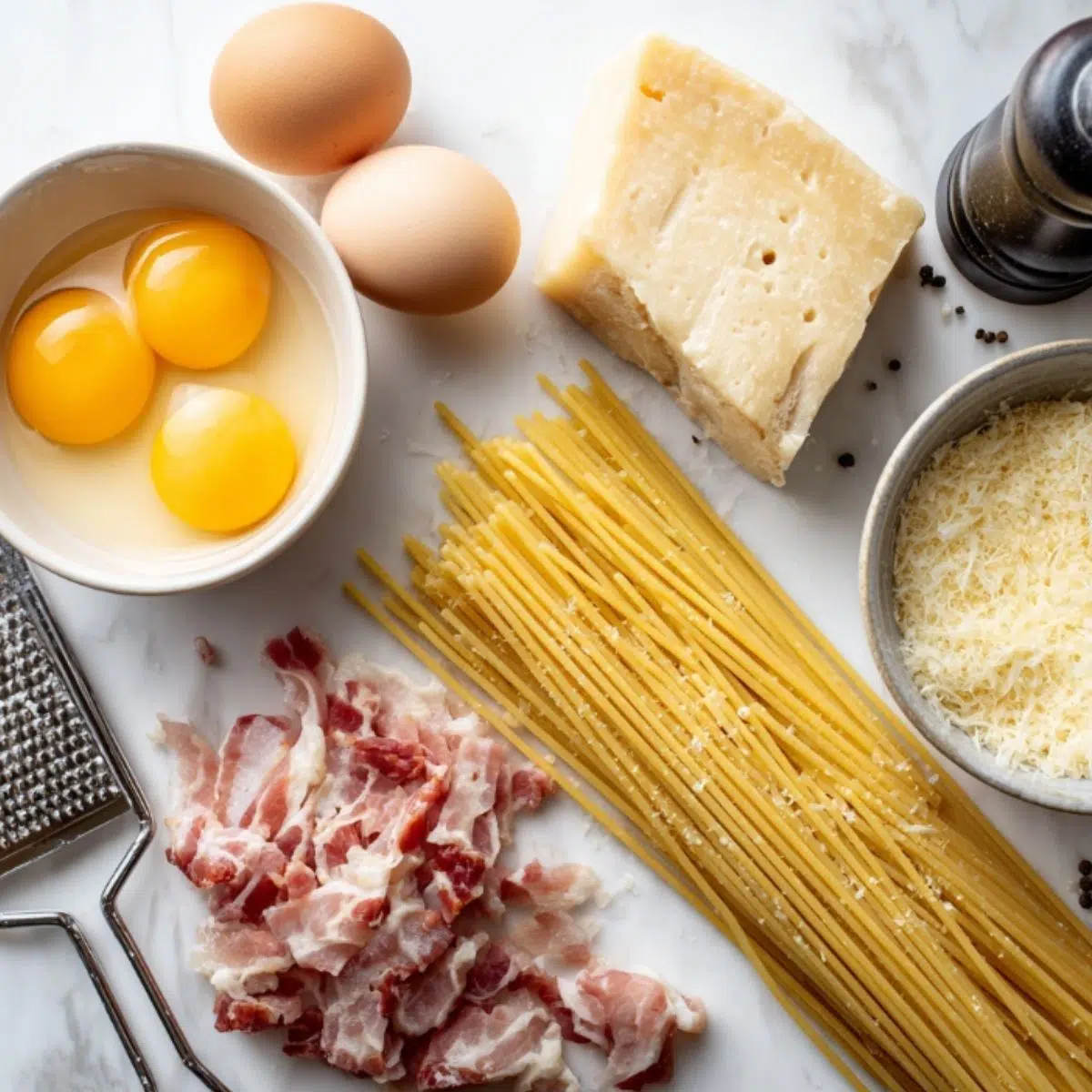 The five key ingredients for Roman pasta carbonara displayed on a kitchen counter.