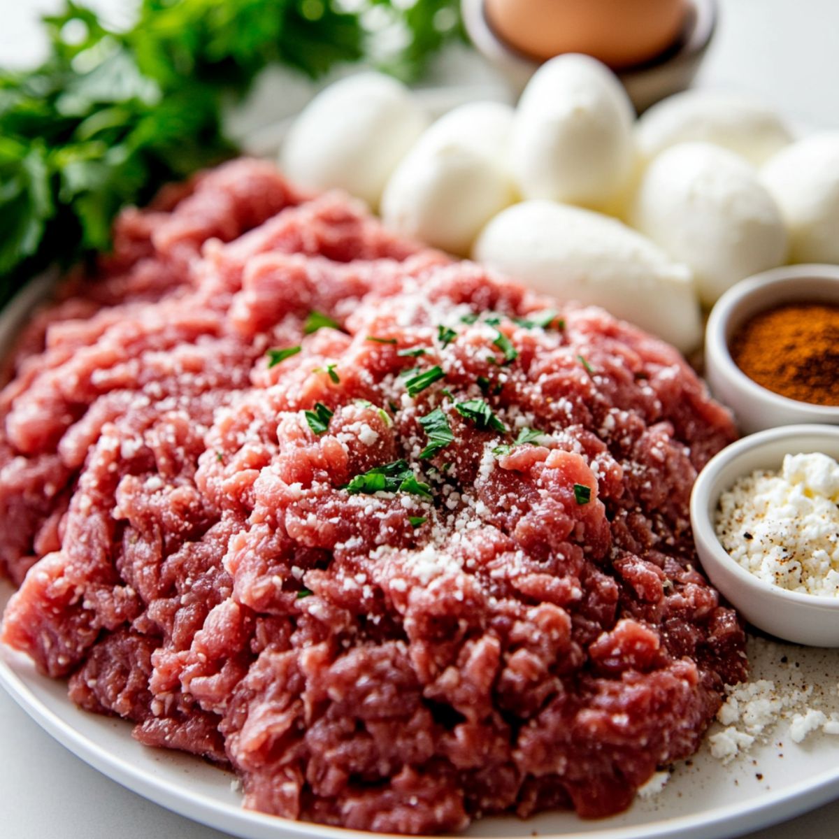 Ingredients for making stuffed meatballs with mozzarella cheese