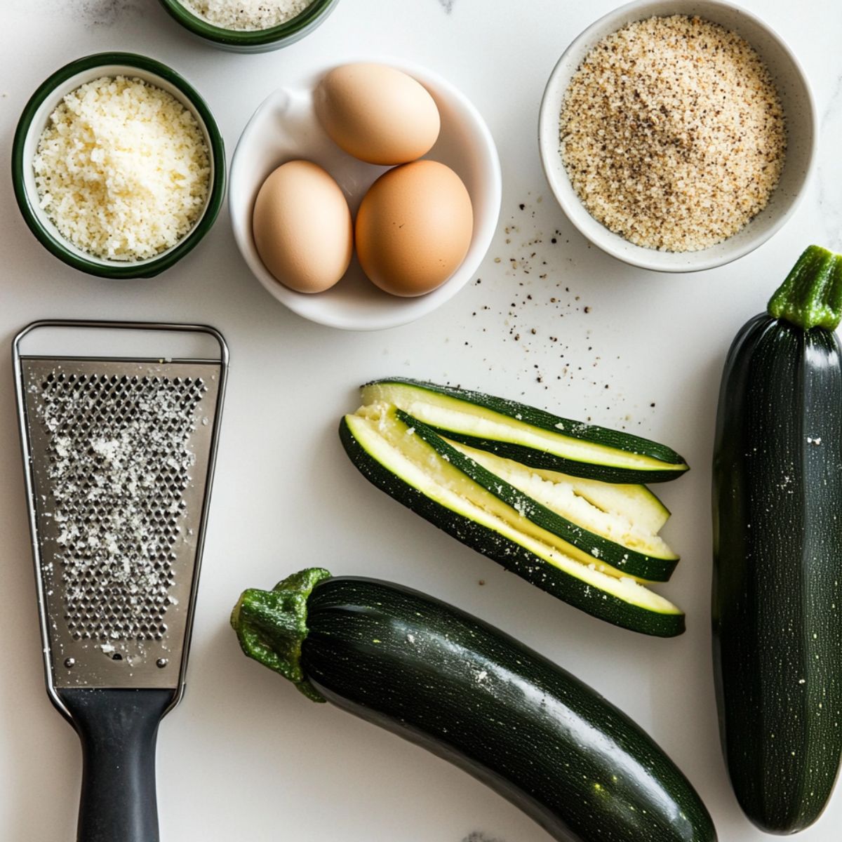 Ingredients for parmesan zucchini fries, casually laid out on a kitchen counter.