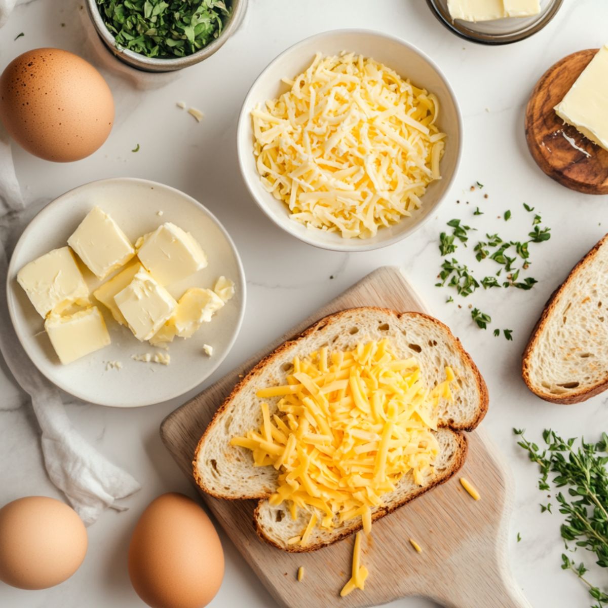  Ingredients for cheesy egg toast arranged on a kitchen counter