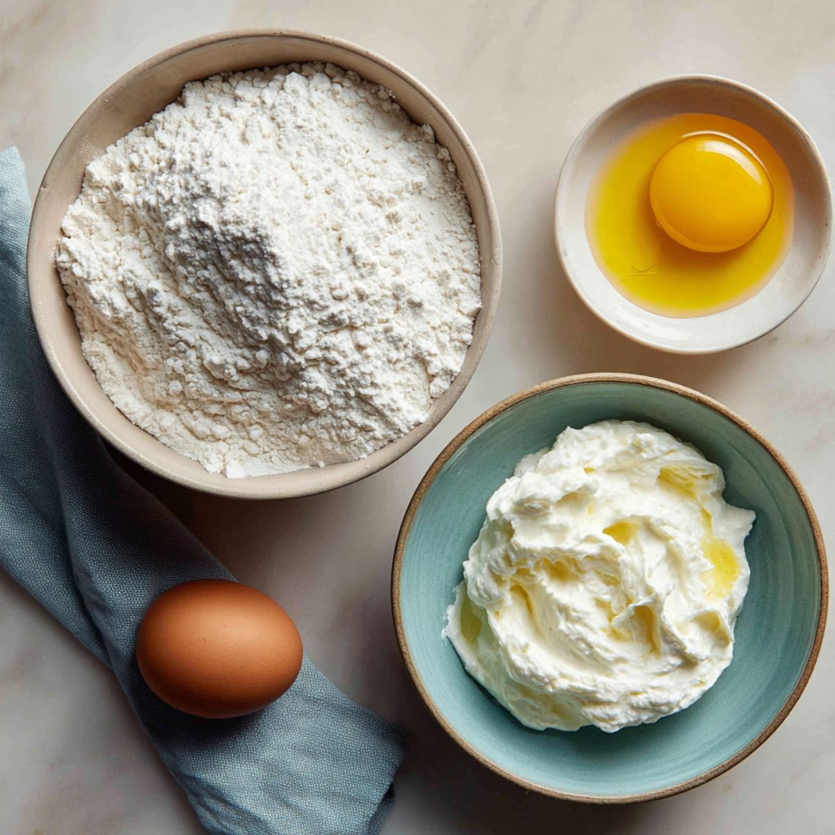 Self-rising flour, Greek yogurt, and egg on a white counter