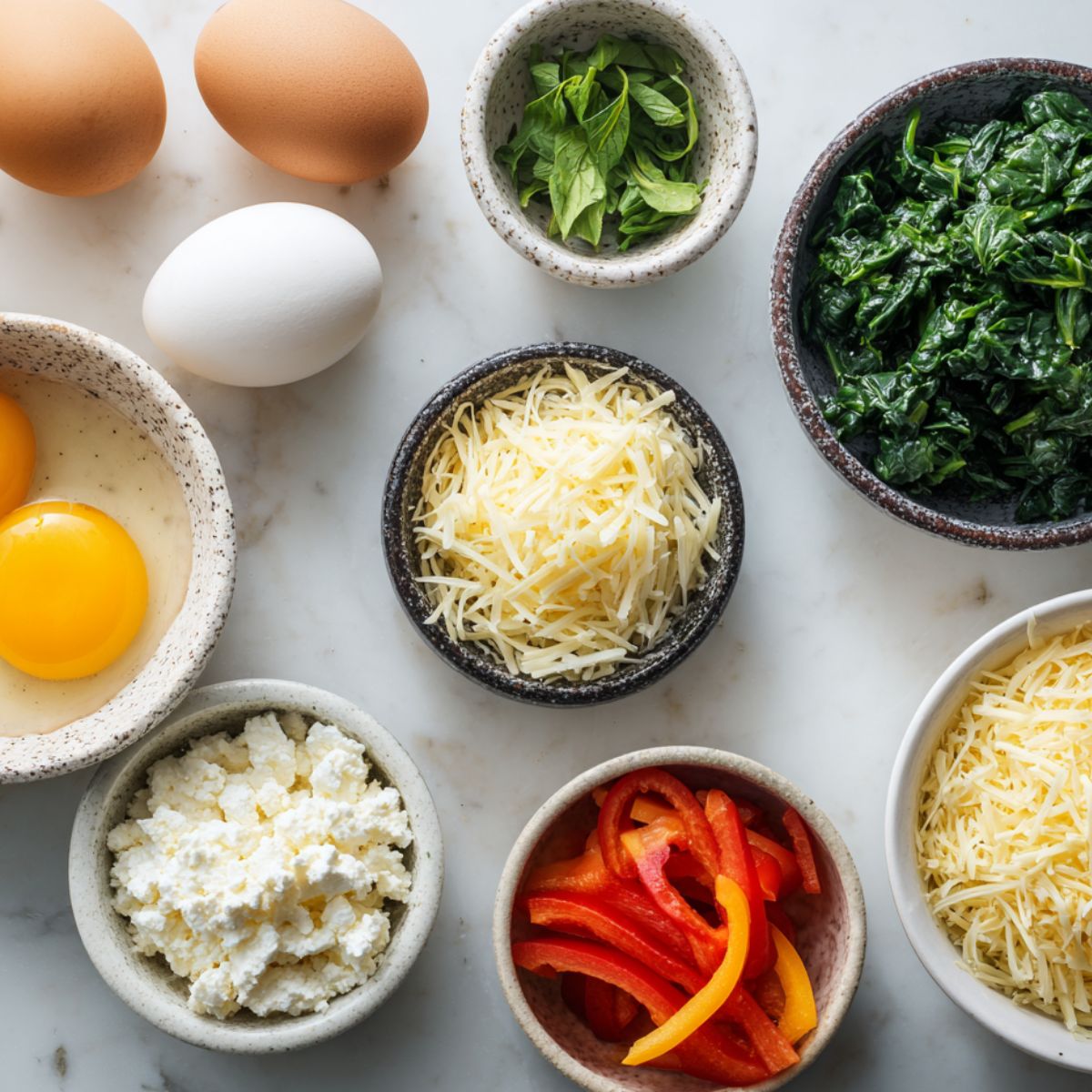 Ingredients for cottage cheese egg muffins arranged in small bowls on a kitchen counter.