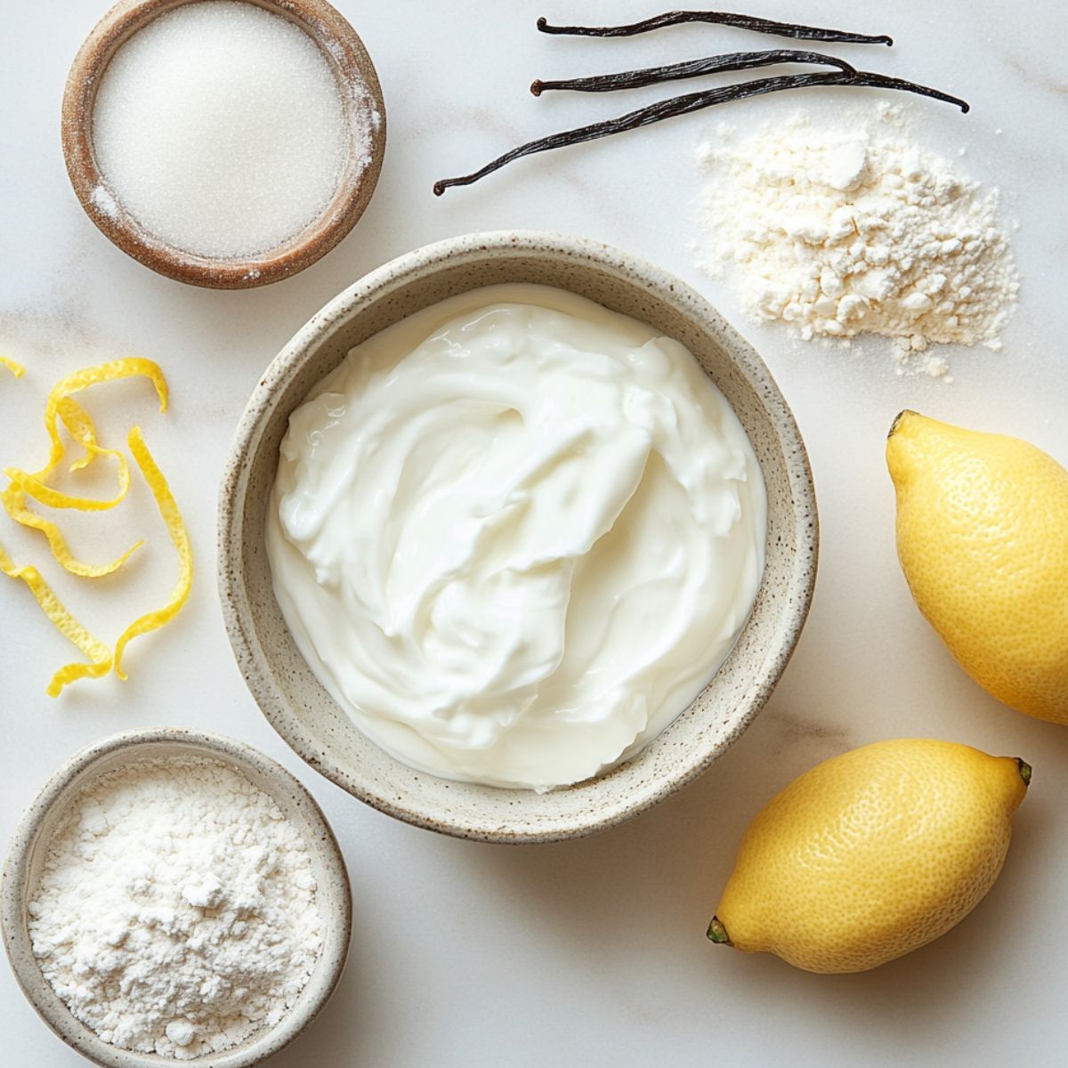 Ingredients for creamy yogurt cake spread out casually on a kitchen counter.