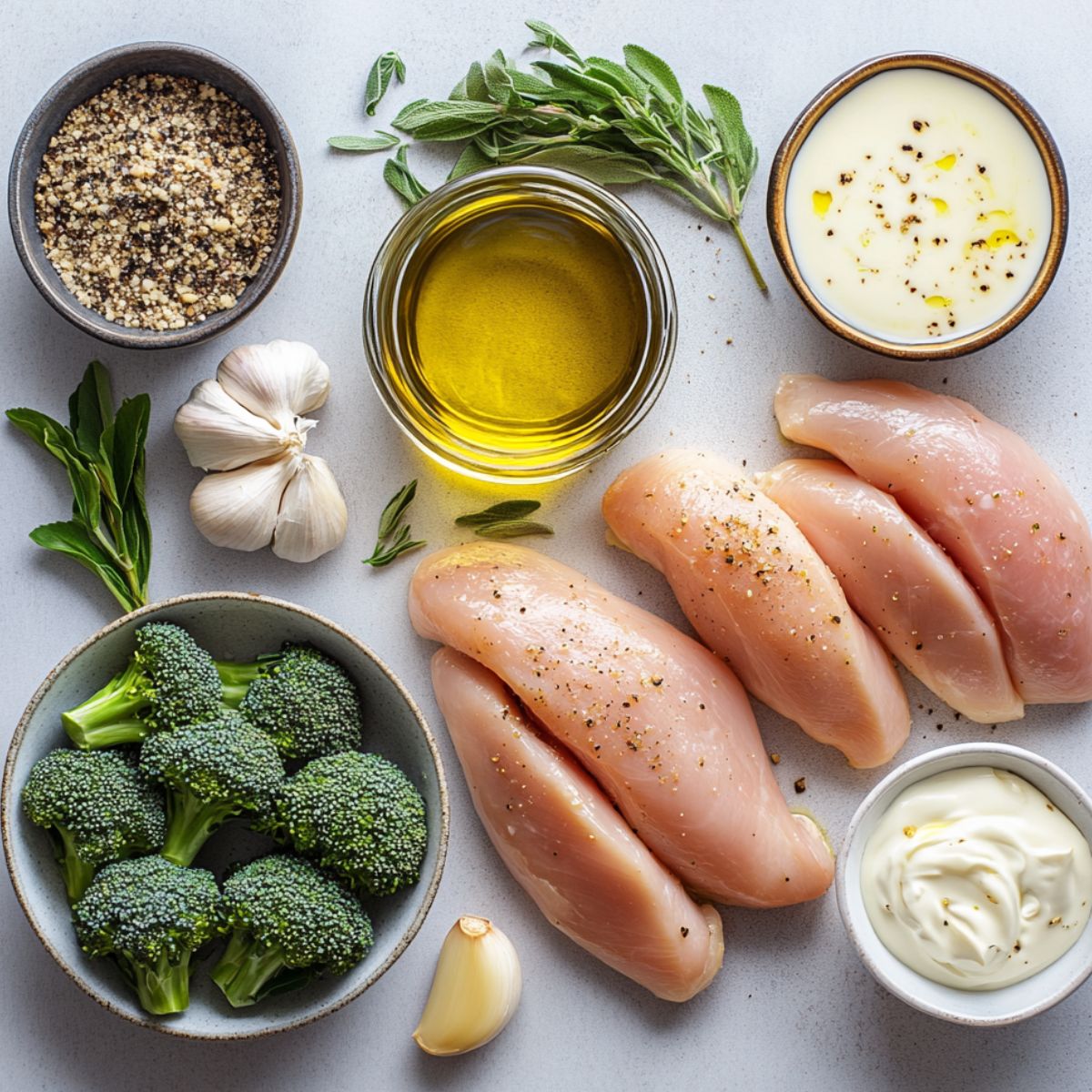 Flatlay of raw ingredients for grilled chicken and broccoli with creamy garlic sauce.