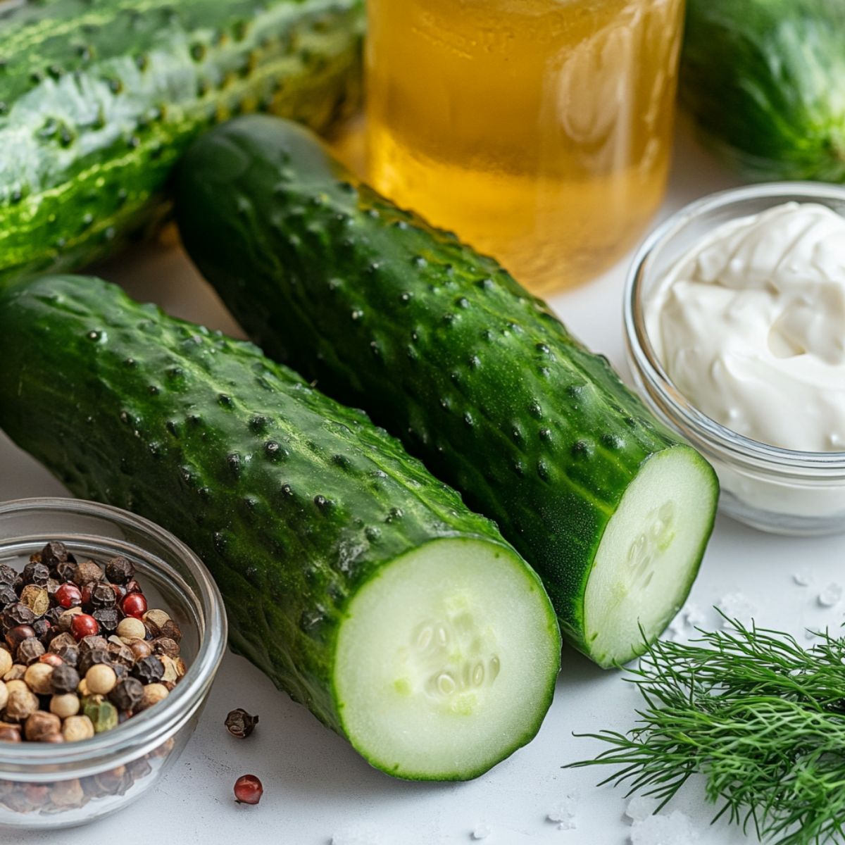 Ingredients for creamy cucumber salad with mayo laid out on a white counter