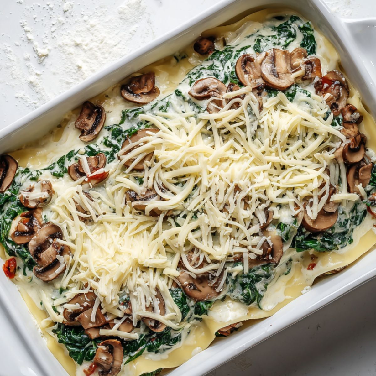 Assembling the layers of spinach, mushrooms, and cheese in a baking dish