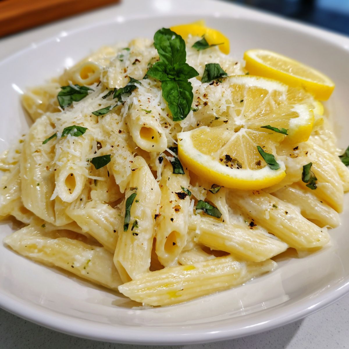 Overhead shot of lemon basil ricotta pasta served in a white bowl on a home kitchen counter